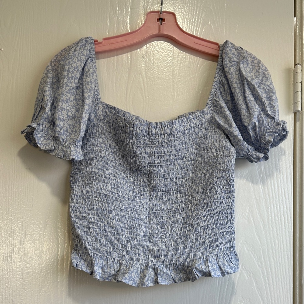 Windsor Light Blue Smocked Cropped Top with Puff Sleeves
